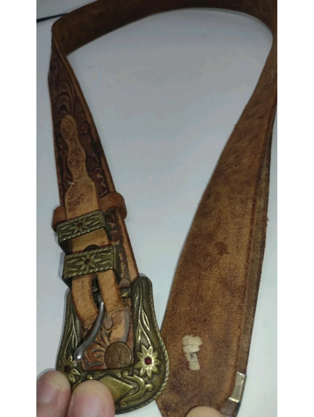 Vintage 80s Justin Western Ranger Belt Tooled Leather Brass Floral Red Stones 30